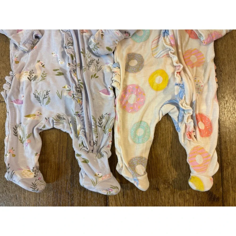 Angel Dear Newborn Baby Girl Bamboo Sleepers Ruffle Bottom Swan Donuts Bundle